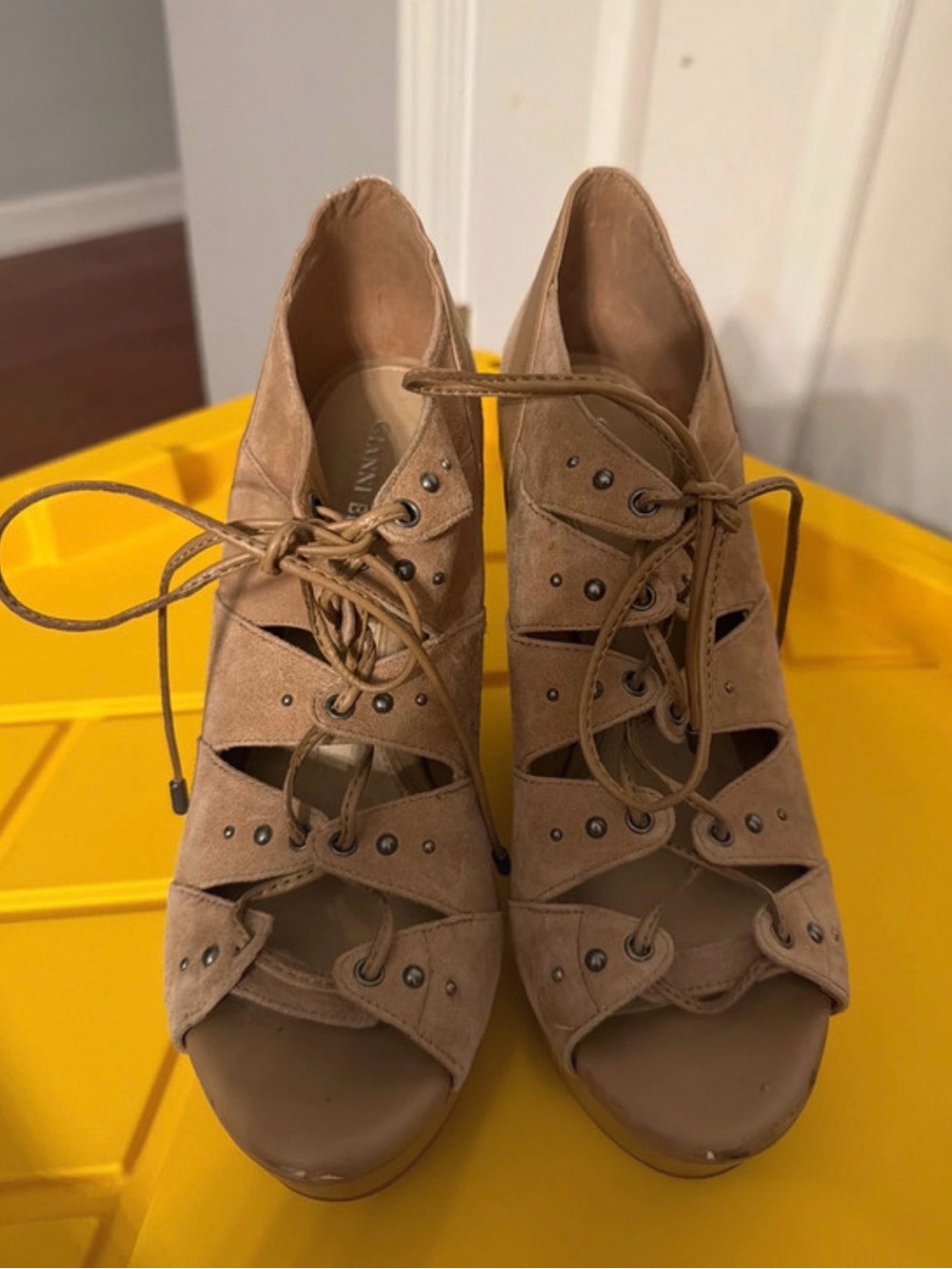 Gianni Bini Tan Lace-Up Cutout Peep Toe Heels